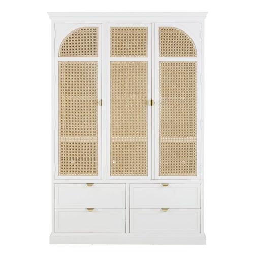 Dressing 3 Portes Battantes 4 Tiroirs Blanc Et Cannage En Rotin