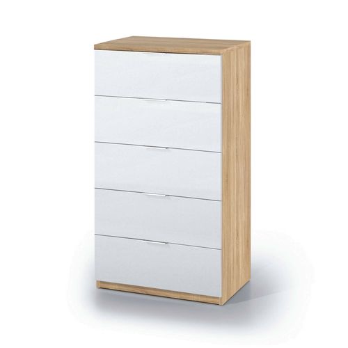 Commode 5 Tiroirs Effet Chêne Et Bois Blanc