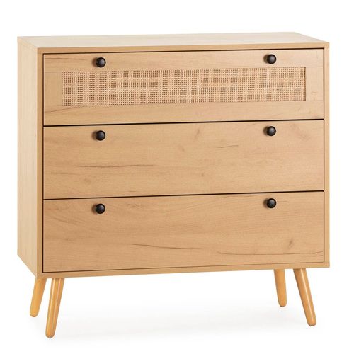 Commode Nuit 3 Tiroirs Couleur Chêne Avec Rotin Naturel