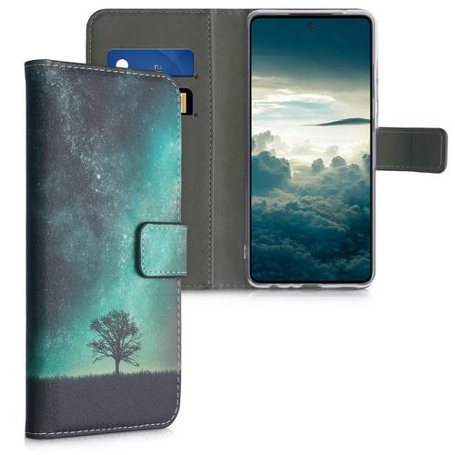 Kwmobile Coque Portefeuille Compatible Avec Samsung Galaxy A52 - Étui À Rabat Avec Compartiments Cartes Et Fonction Support Arbre Cosmique Bleu-Gris-Noir
