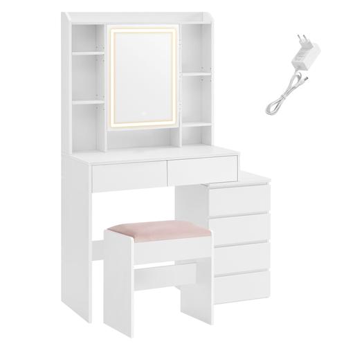 Coiffeuse Avec Grand Miroir Compartiments Ouverts Tabouret Blanc Nuage