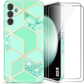 Coque + 2 Verres Trempés Pour Samsung Galaxy S23 Fe (Pas Pour S23), Slim Souple Antichoc Motif Marbre Turquoise - E.F.Connection