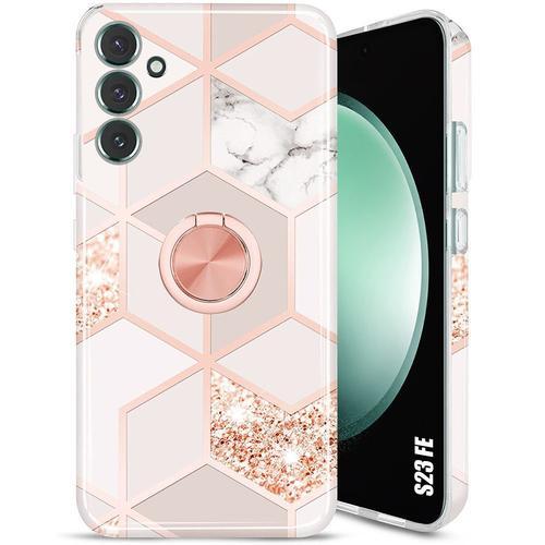 Coque Pour Samsung Galaxy S23 Fe (Pas Pour S23) - Motif Marbre Rose - Protection Antichoc Avec Anneau Rotatif 360° - E.F.Connection