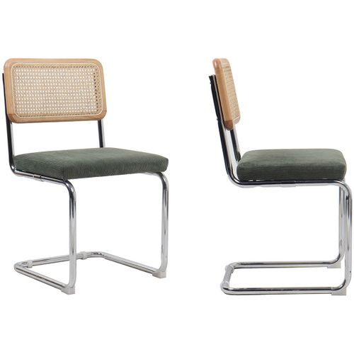 Lot De 2 Chaises En Cannage Velours Côtelé Vert Et Métal Chromé