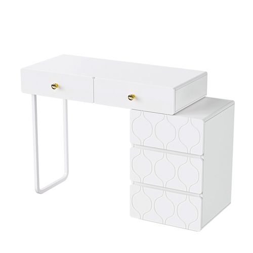 Coiffeuse Élégante Motif Vagues 5 Tiroirs Blanc Poignée Dorée
