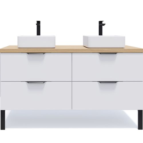 Meuble Salle De Bain 2 Vasques Posées 140cm 4 Tiroirs Blanc