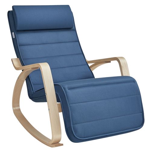 Fauteuil À Bascule, Avec Accoudoirs En Bois, Repose-Pieds Réglable En 5 Positions, Bleu Minuit Et Couleur Boisée