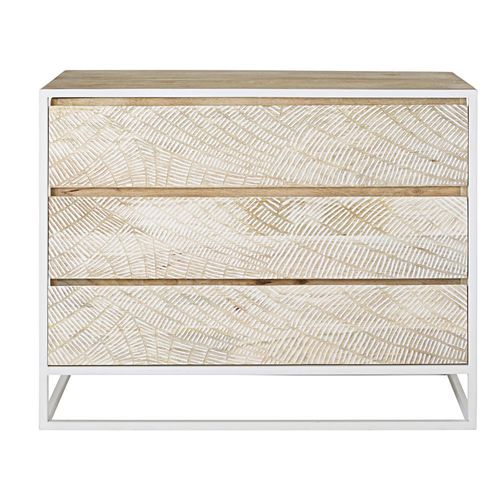 Commode 3 Tiroirs En Manguier Massif Sculpté Et Métal Blanc