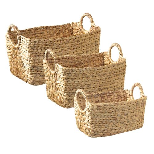 Lot de 3 Paniers en Jacinthe d'eau avec poignées - Marron