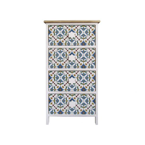 Chiffonnier En Majolique Colorée Avec 4 Tiroirs En Bois Bleu Et Blanc
