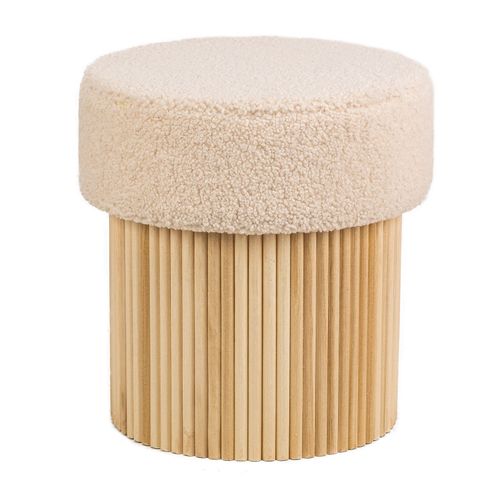 Pouf En Bouclettes Blanches Et Base En Bois