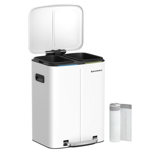 Poubelle de cuisine 2 x 20L, Poubelle à 2 compartiments, Pédale en métal, Seaux Intérieurs en plastique, Couvercles à fermeture en douceur, Blanc