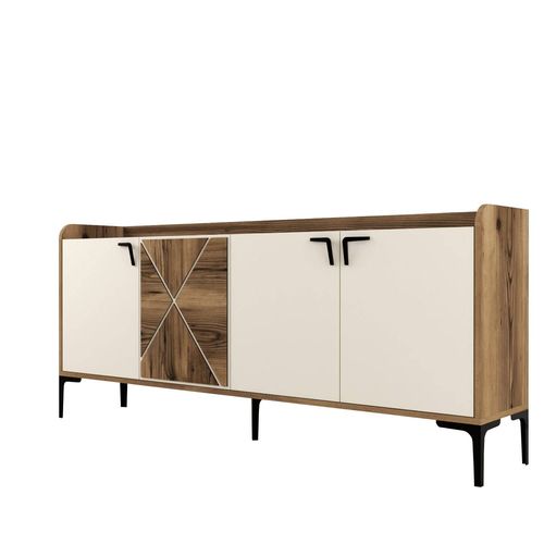 Buffet Bas 4 Portes 180cm Bois Naturel Et Blanc Crème Et Métal Noir