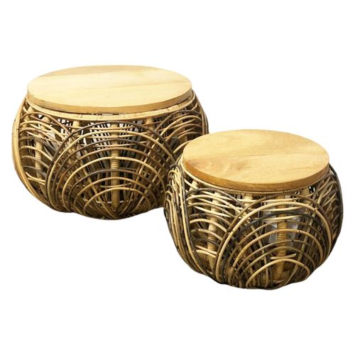 Lot De 2 Tables Basses Gigognes En Rotin Tressé Et Manguier