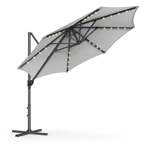Parasol De Jardin 300 Cm, 28 Led Solaires, Upf 50+, Pivotant À 360°, Inclinaison Fluide, Manivelle, Avec Base En Croix, Gris Tourterelle