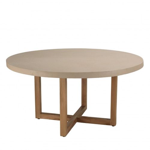 Table À Manger Ronde Béton Beige Pieds Croisés En Teck D153