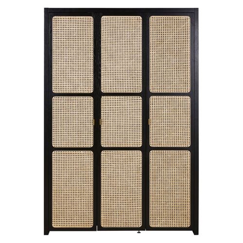 Dressing 3 Portes Battantes Noir, Cannage En Rotin Et Métal Coloris Laiton