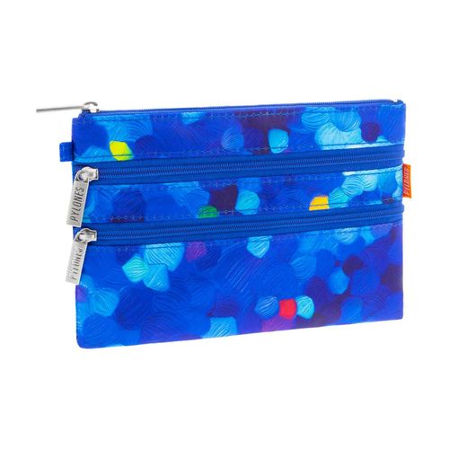 Pochette 3 zips bleu polyester 20 x 13 x 1 cm