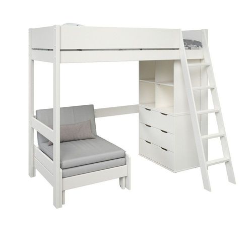 Lit Mezzanine Avec Rangements Et Chauffeuse Pin Massif Blanc 90x190