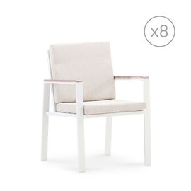 Lot De 8 Chaises Aluminium Blanc Accoudoirs Effet Bois Avec Coussins