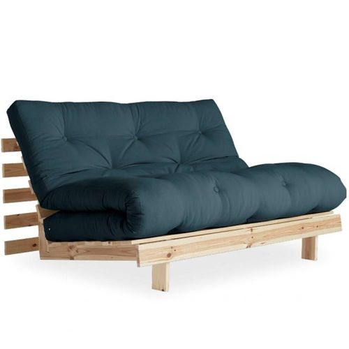 Canapé Convertible Futon Roots Pin Naturel Coloris Bleu Pétrole Couchage 140*200 Cm.