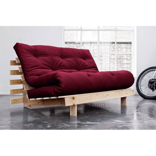 Canapé Convertible Futon Roots Pin Naturel Coloris Bordeaux Couchage 140*200 Cm.