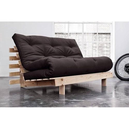 Canapé Convertible Futon Roots Pin Naturel Coloris Gris Foncé Couchage 140*200 Cm.