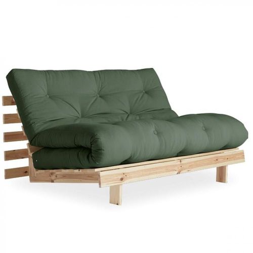 Canapé Convertible Futon Roots Pin Naturel Coloris Vert Olive Couchage 140*200 Cm.