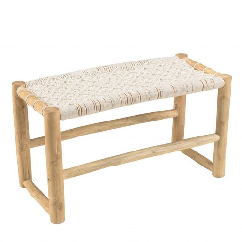 Banc En Branches De Teck Naturel Assise En Macramé Blanc