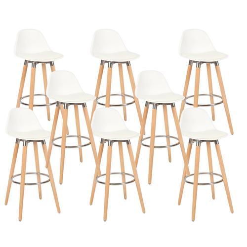 Lot De 8 Tabourets Blanc Pieds En Bois Naturel 39,5x44x91cm