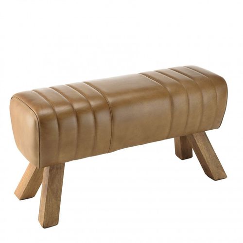 Banc Matelassé Cuir Marron Pieds Inclinés En Bois De Manguier