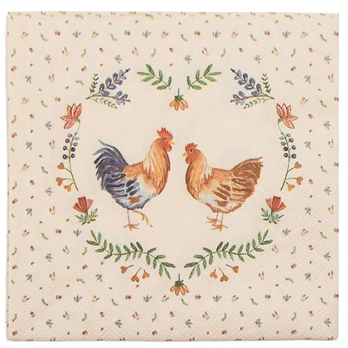 Paquet De 20 Serviettes En Papier Fleurs, Poule Et Coq 33x33cm