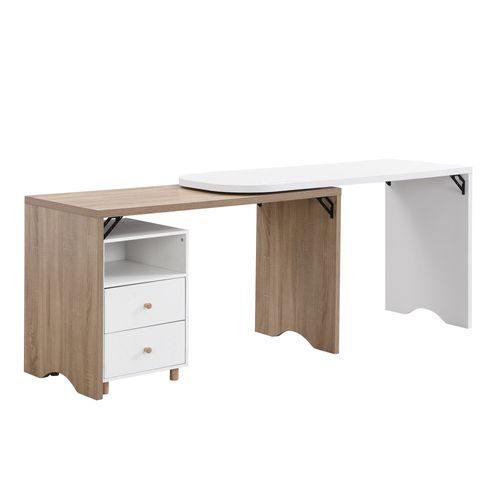Bureau D'angle Extensible Effet Bois Et Blanc 135cm Avec 2 Tiroirs