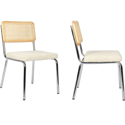 Lot De 2 Chaises Chromées, Cannage Et Velours Côtelé Beige