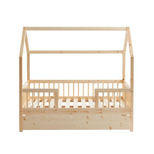 Lit Cabane Avec Barrières Pin Massif 70x140 Sommier + Tiroir