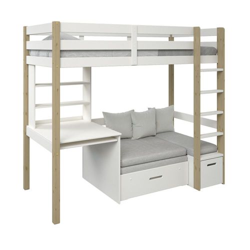 Lit Mezzanine Avec Bureau Et Chauffeuse Pin Massif Blanc Bois 90x200
