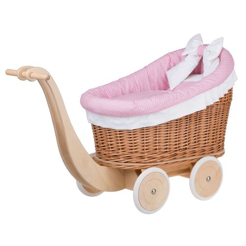 Landau-Poussette Pour Poupée En Osier Naturel Rose Avec Une Belle Poignée