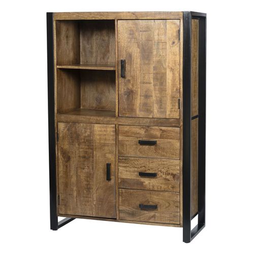 Dacca-Buffet Haut 2 Portes 3 Tiroirs, Bois De Manguier Massif Et Métal