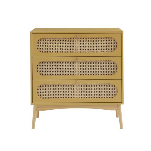 Commode Jaune Safran Et Cannage Rotin 3 Tiroirs