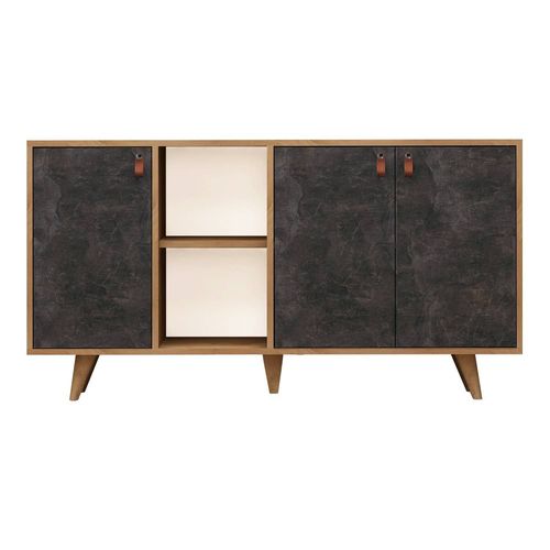 Buffet 3 Portes Et 2 Niches Décor Chêne Et Décor Pierre Anthracite