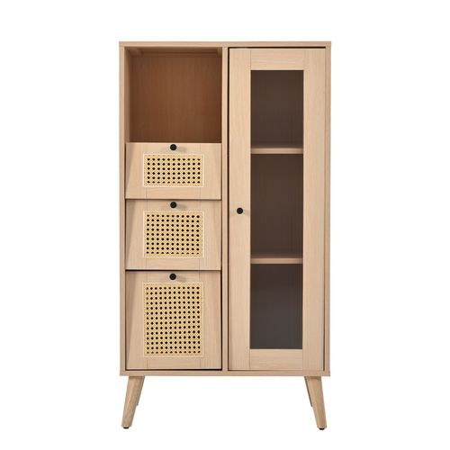 Buffet Vitrine Bois Avec 3 Tiroirs Portes En Rotin H110cm