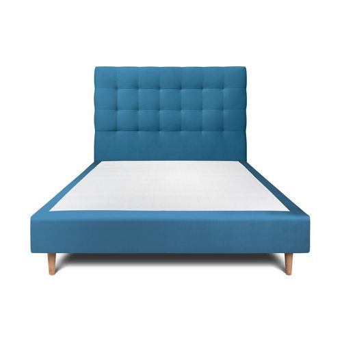 Lit 150x190cm Avec Tête De Lit Capitonnee Velours Et Sommier Tapissier Bleu - Hauteur Totale : 35cm