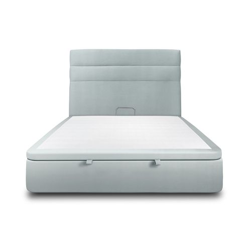 Lit Coffre 140x190cm Avec Tête De Lit Lignes Velours Gris Bleute - Hauteur Totale : 39cm
