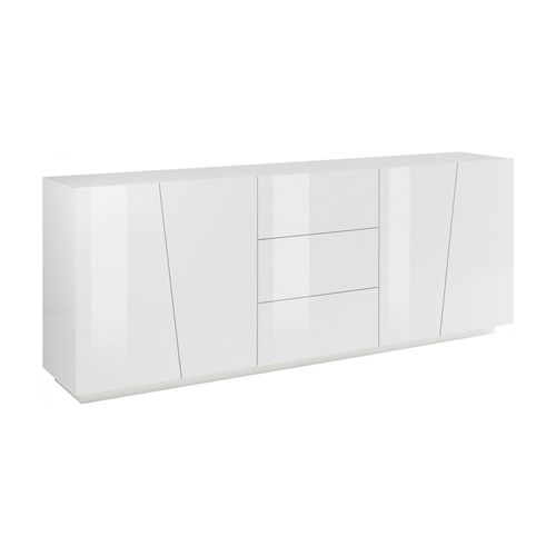 Buffet Haut 4 Portes Et 3 Tiroirs Effet Bois Blanc Brillant
