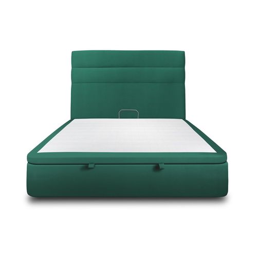 Lit Coffre 140x190cm Avec Tête De Lit Lignes Velours Vert - Hauteur Totale : 39cm