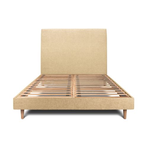Lit 160x200cm Avec Tête De Lit Tapissier Tissu Et Sommier Kit Jaune - Hauteur Totale : 29cm