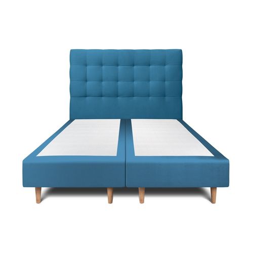 Lit 200x200cm Avec Tête De Lit Capitonnee Velours Et Double Sommier Tapissier Bleu - Hauteur Totale : 35cm