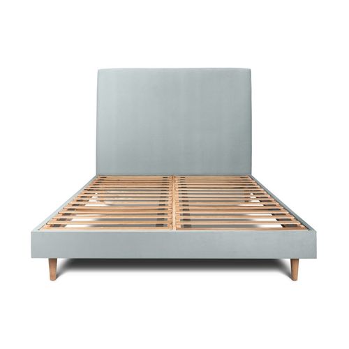 Lit 140x190cm Avec Tête De Lit Tapissier Velours Et Sommier Kit Gris Bleute - Hauteur Totale : 29cm