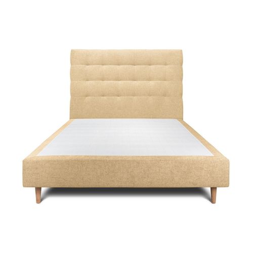 Lit 140x200cm Avec Tête De Lit Capitonnee Tissu Et Sommier Tapissier Jaune - Hauteur Totale : 35cm