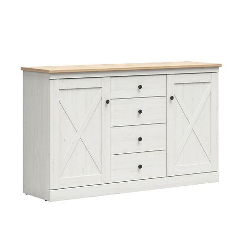 Buffet 2 Portes 4 Tiroirs Stratifiés Blanc Et Naturel